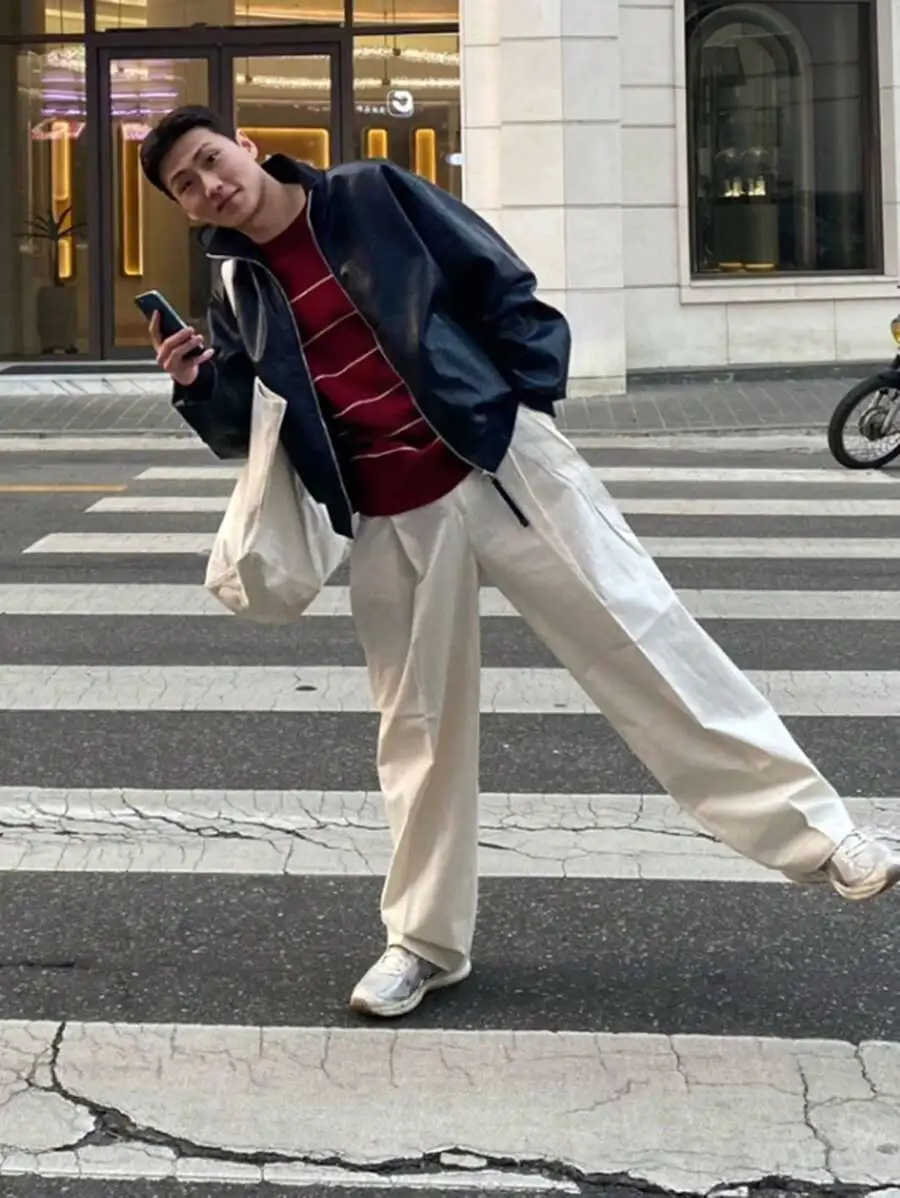 メンズ カジュアル レッドカラー ブロック ストライプ柄 セーター