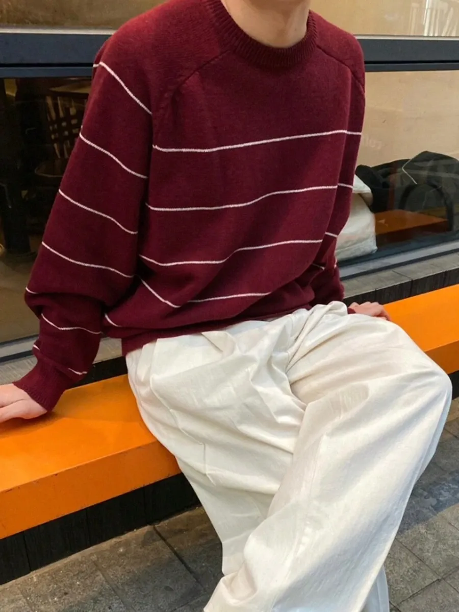 メンズ カジュアル レッドカラー ブロック ストライプ柄 セーター