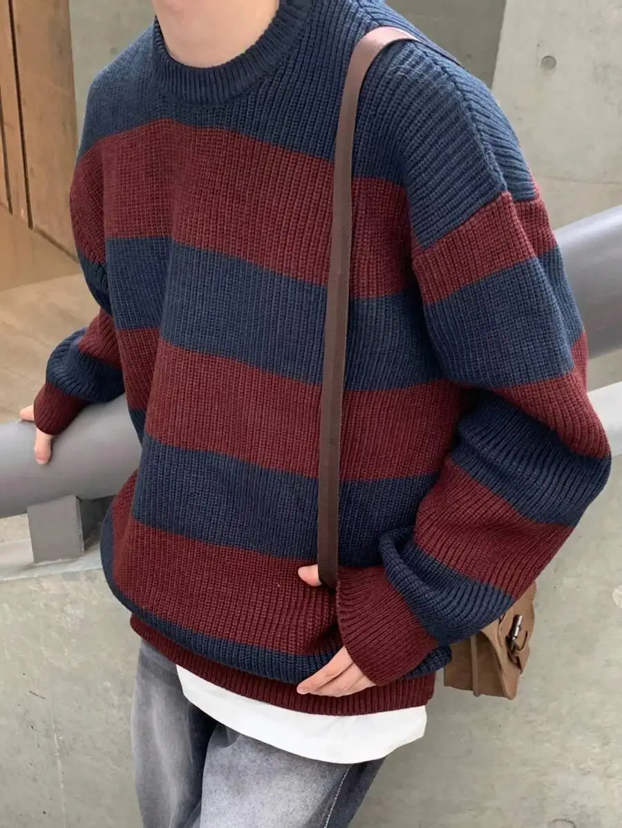 コントラストカラー クルーネック ルーズ  プルオーバーセーター