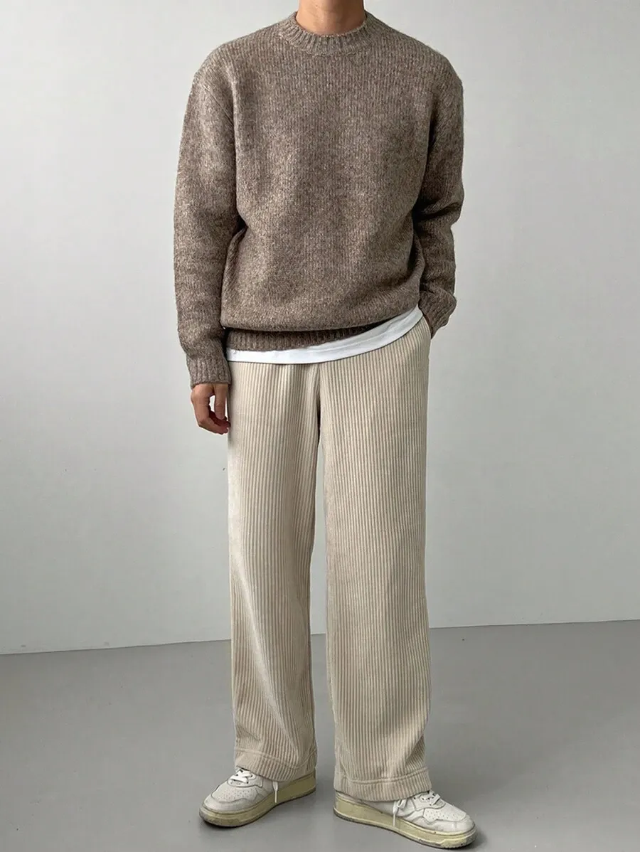 シンプル クルーネック ニット セーター 長袖 無地 カジュアル