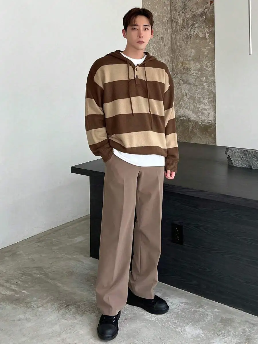 メンズ カラーブロック ドロップショルダー 紐付き パーカーセーター