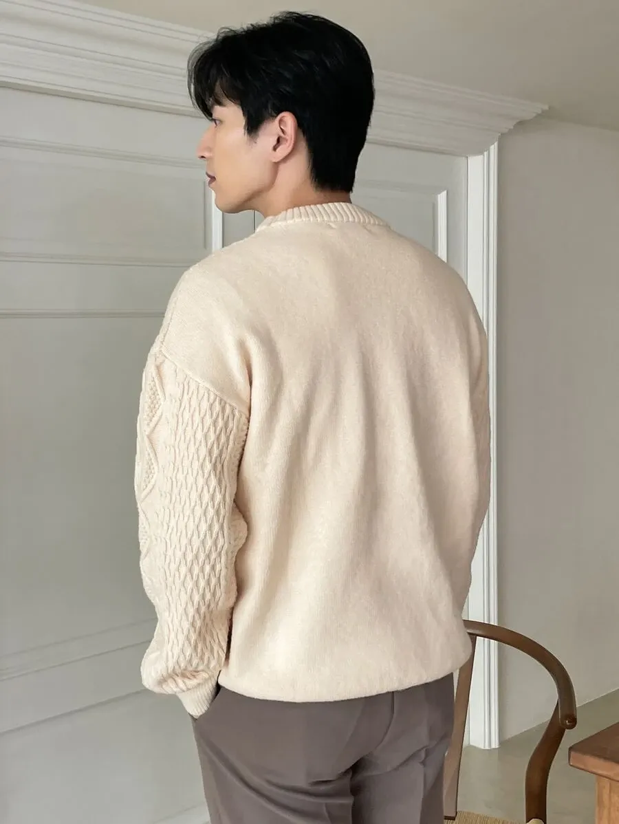 メンズ ケーブル編み ドロップショルダー ベージュ セーター