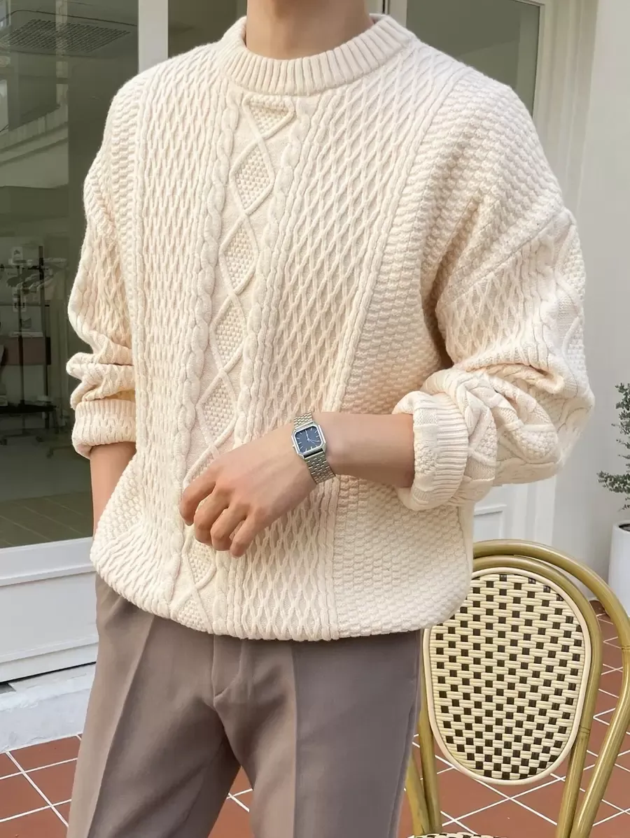 メンズ ケーブル編み ドロップショルダー ベージュ セーター