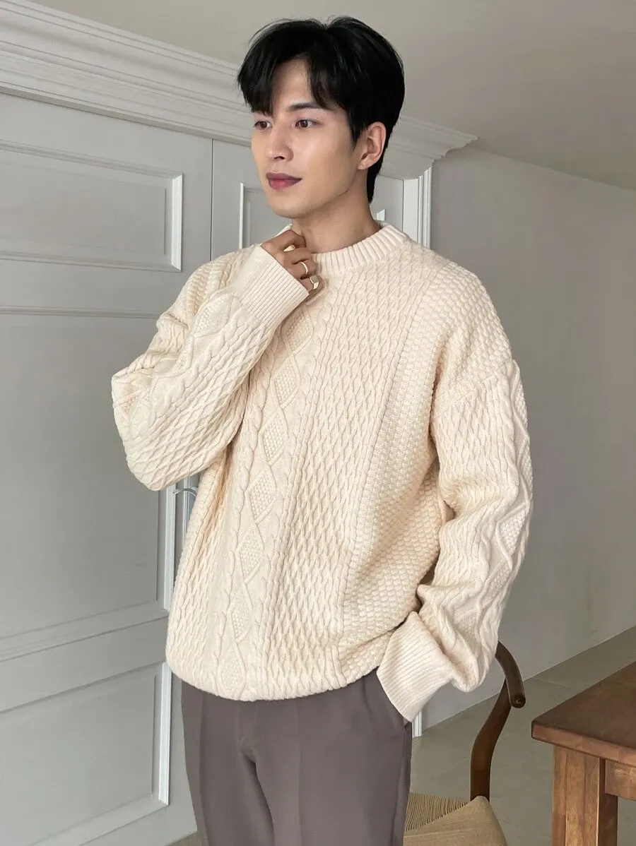 メンズ ケーブル編み ドロップショルダー ベージュ セーター
