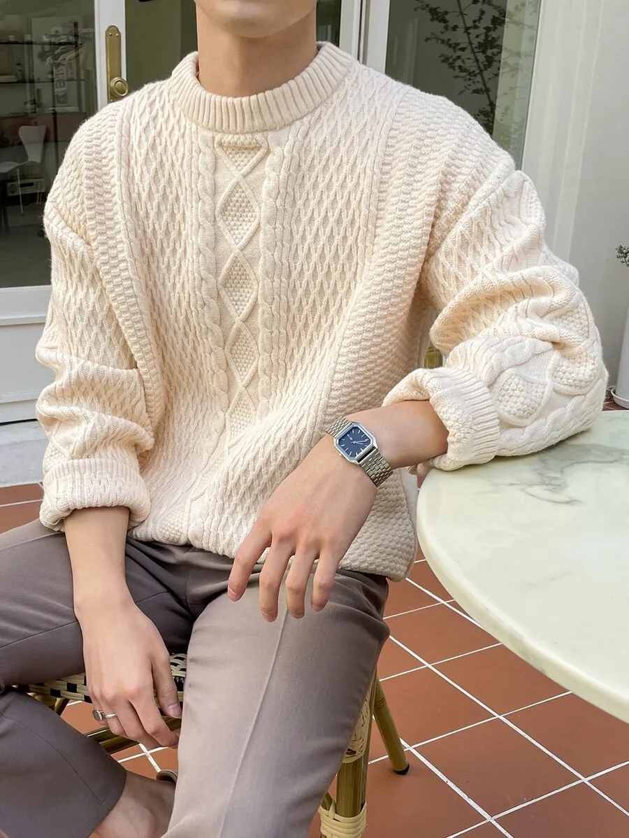 メンズ ケーブル編み ドロップショルダー ベージュ セーター