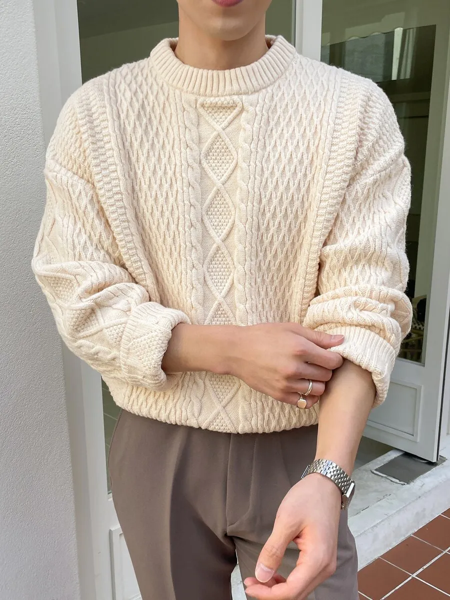 メンズ ケーブル編み ドロップショルダー ベージュ セーター