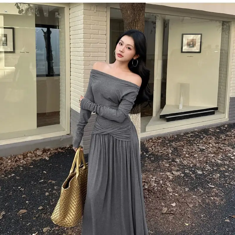 ロングワンピース オフショルダー ウエストシェイプ グレー