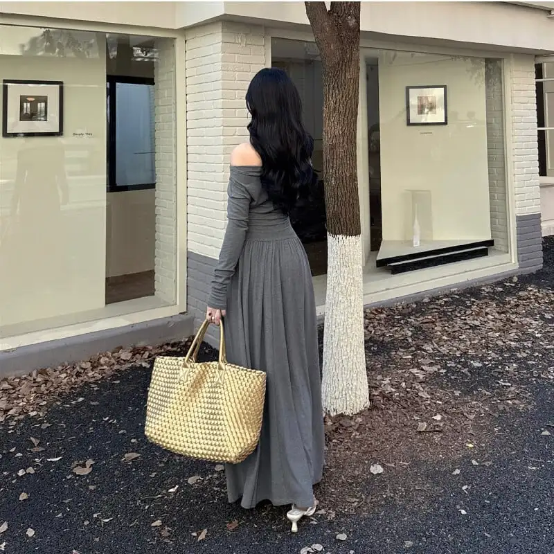 ロングワンピース オフショルダー ウエストシェイプ グレー