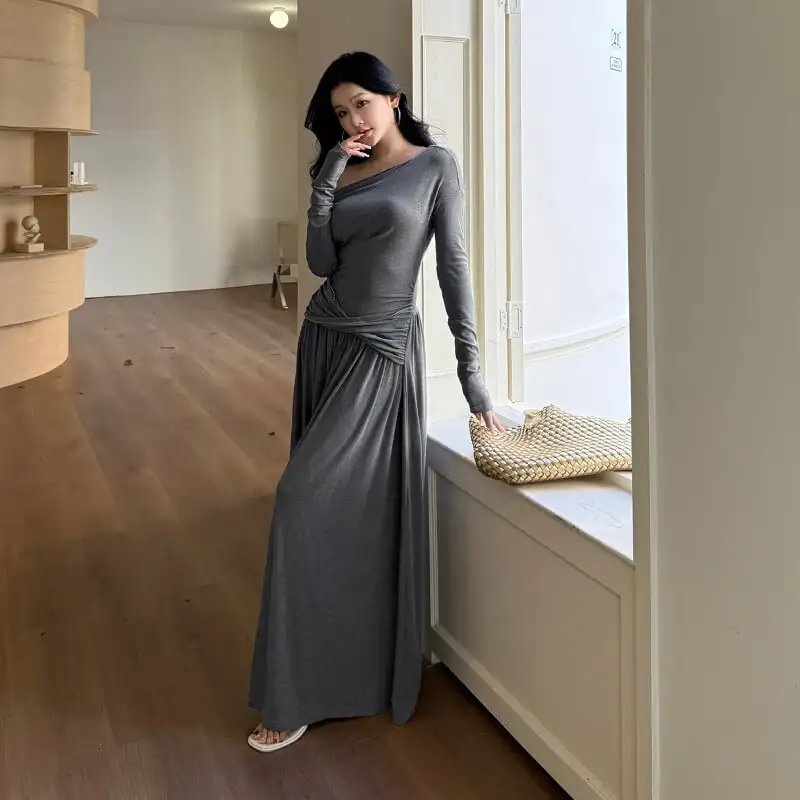 ロングワンピース オフショルダー ウエストシェイプ グレー