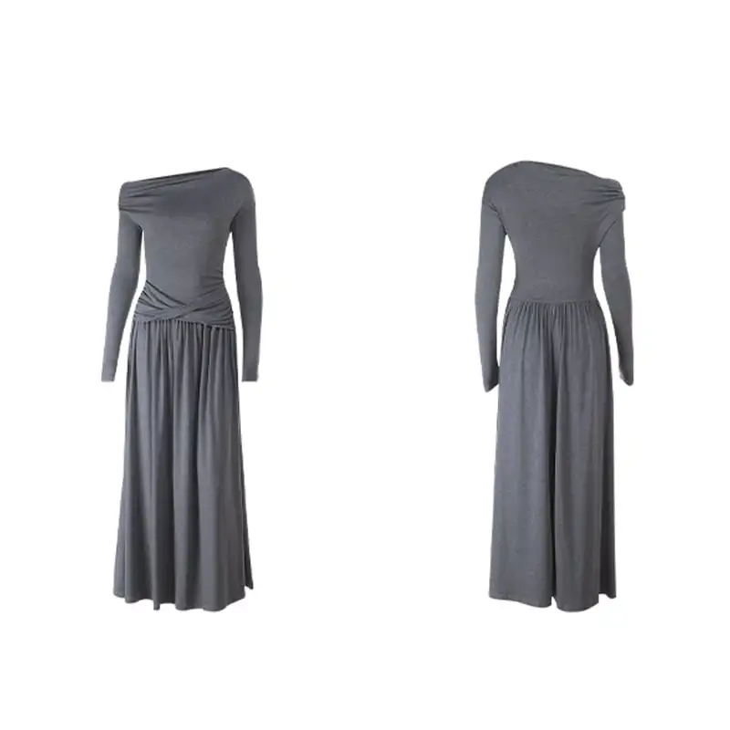 ロングワンピース オフショルダー ウエストシェイプ グレー
