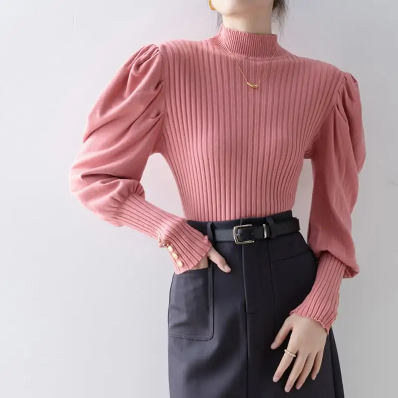 トップス ニットセーター 長袖 ランタンスリーブ デザイン感 無地 ピンク