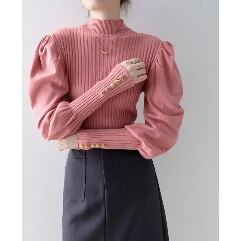 トップス ニットセーター 長袖 ランタンスリーブ デザイン感 無地 ピンク