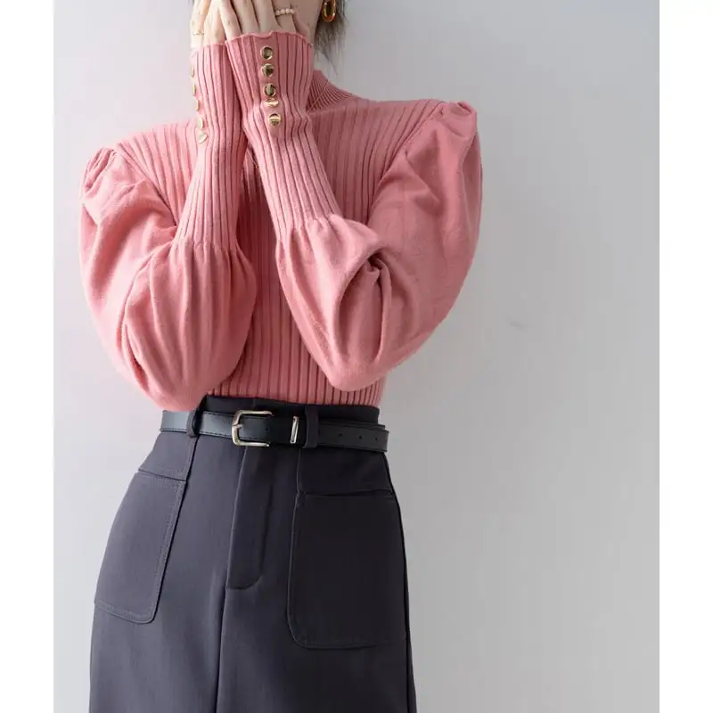 トップス ニットセーター 長袖 ランタンスリーブ デザイン感 無地 ピンク