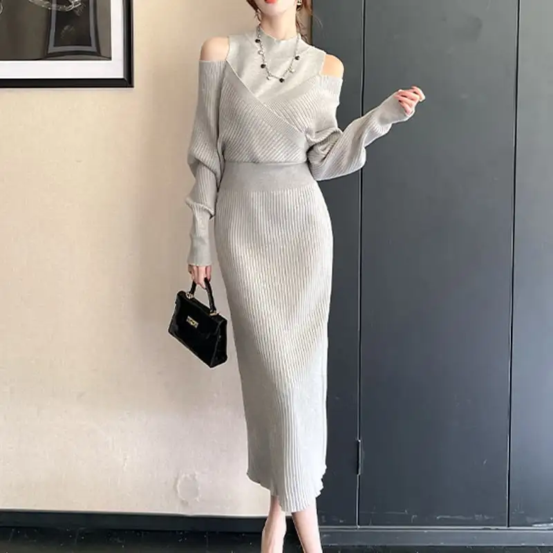 ワンピース オフショルダー ニット ライトグレー