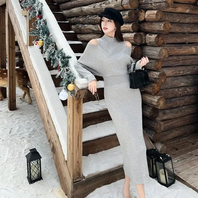 ワンピース オフショルダー ニット ライトグレー