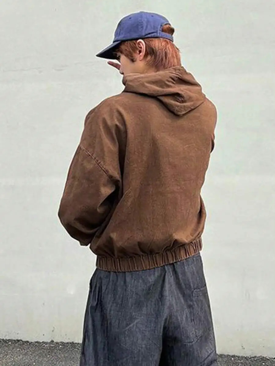 フード付き ジップアップ ダメージ加工 ブラウンジャケット