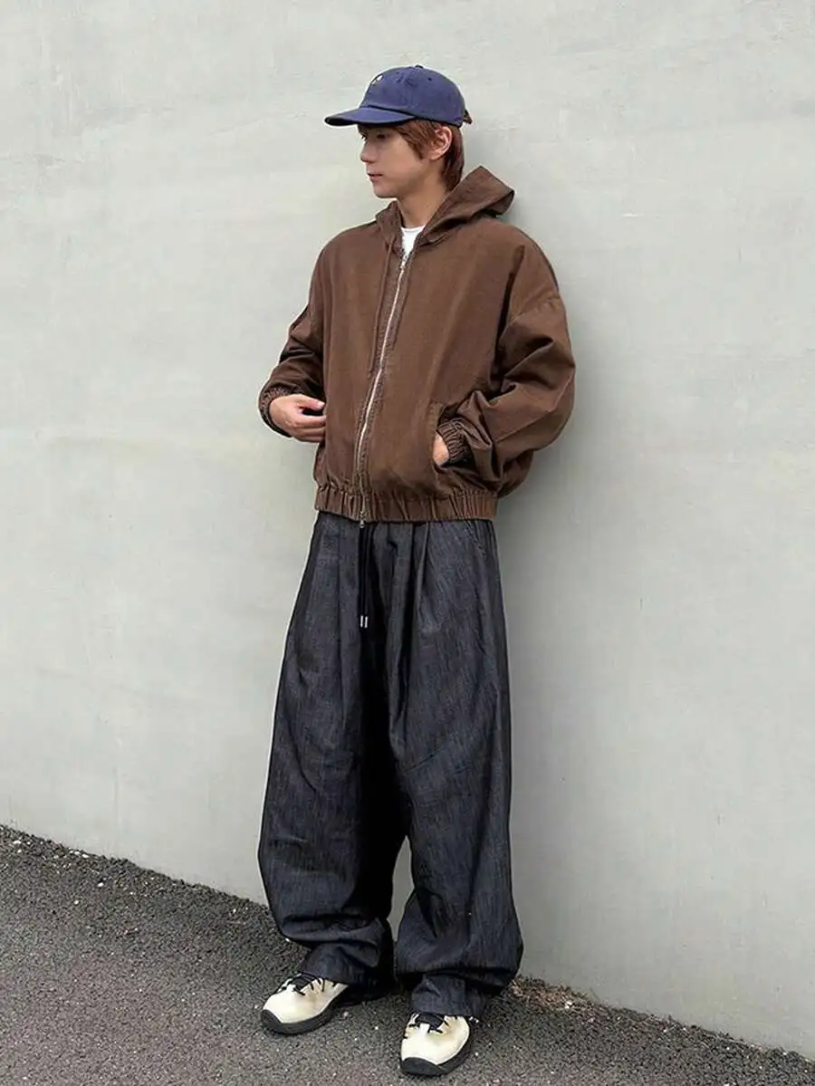 フード付き ジップアップ ダメージ加工 ブラウンジャケット