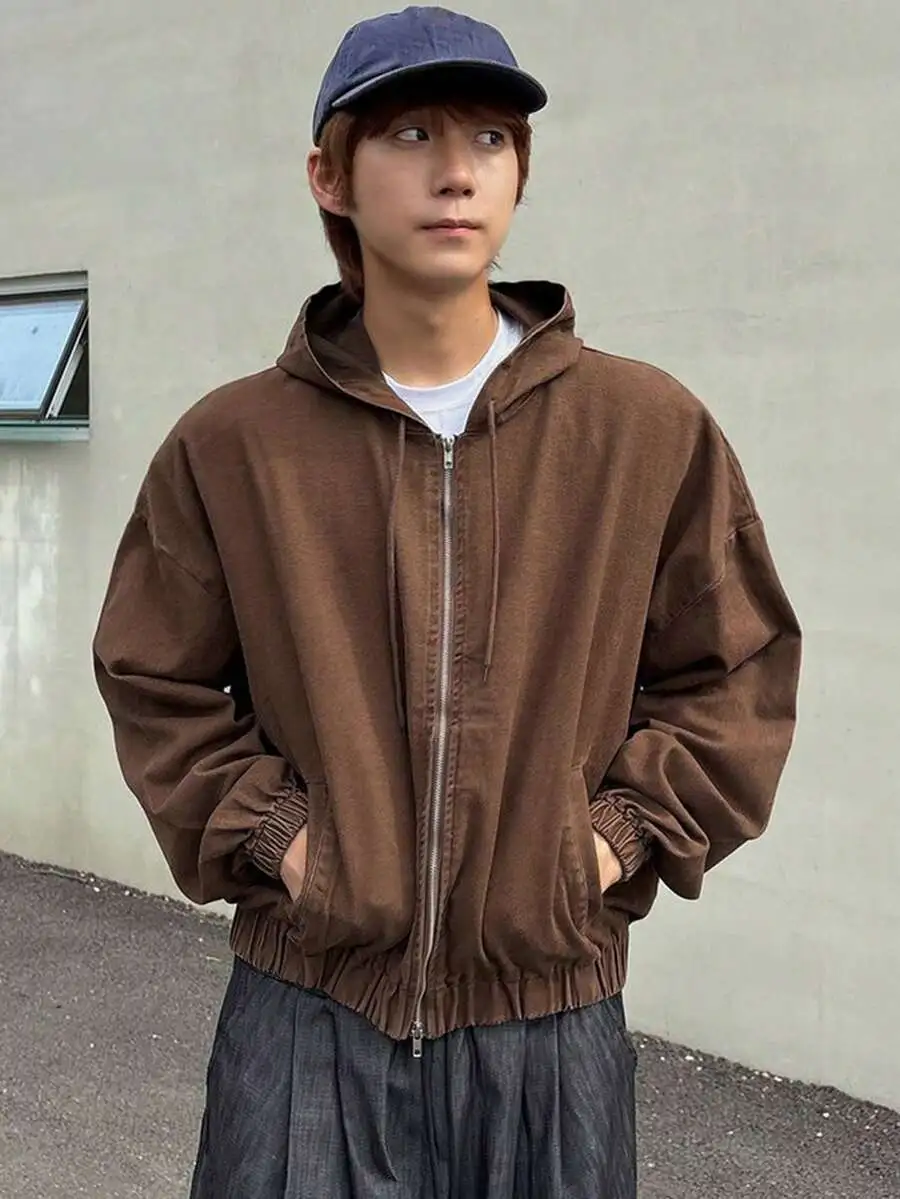 フード付き ジップアップ ダメージ加工 ブラウンジャケット