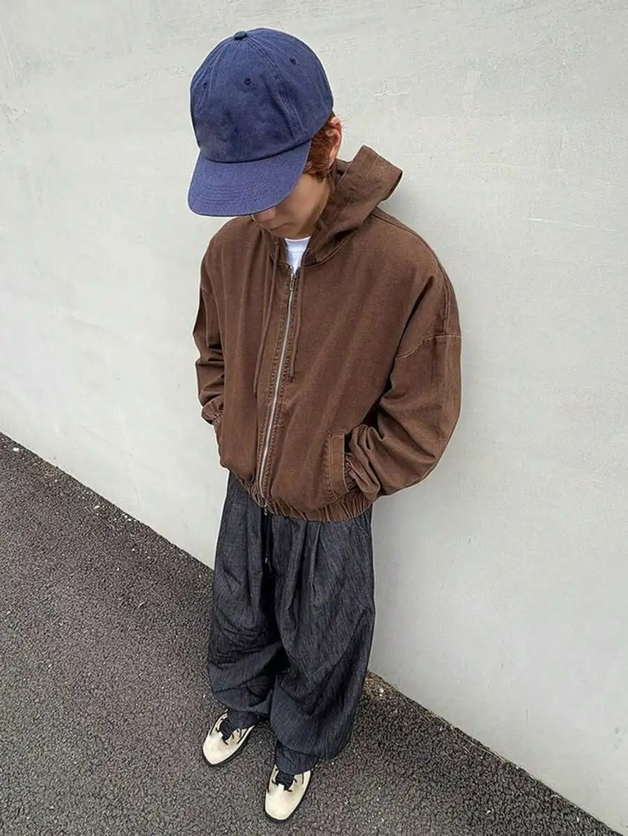 フード付き ジップアップ ダメージ加工 ブラウンジャケット