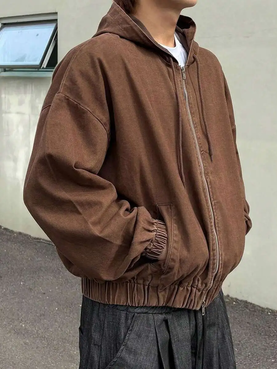 フード付き ジップアップ ダメージ加工 ブラウンジャケット