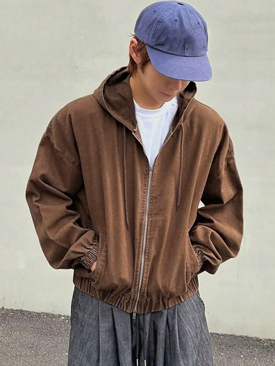 フード付き ジップアップ ダメージ加工 ブラウンジャケット