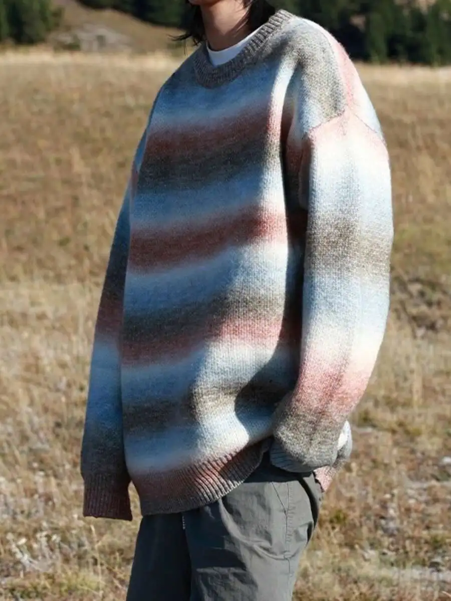 ゆったり ニットクルーネック セーター グラデーション 暖かく ルーズニットプルオーバー