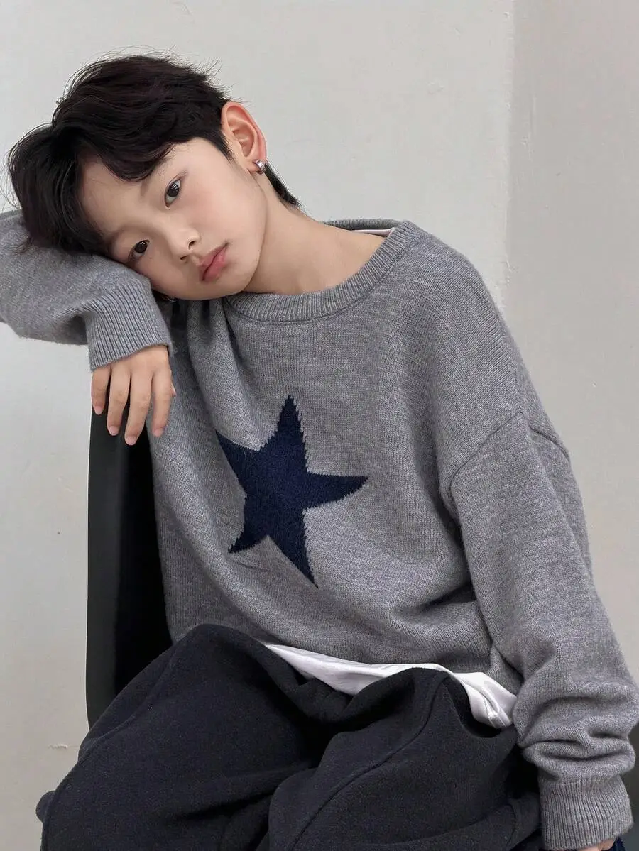 【130-160cm】オーバーサイズ ボーイズ カジュアル 柄ニットセーター