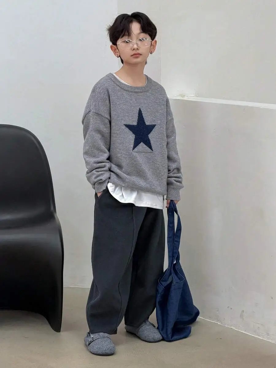 【130-160cm】オーバーサイズ ボーイズ カジュアル 柄ニットセーター
