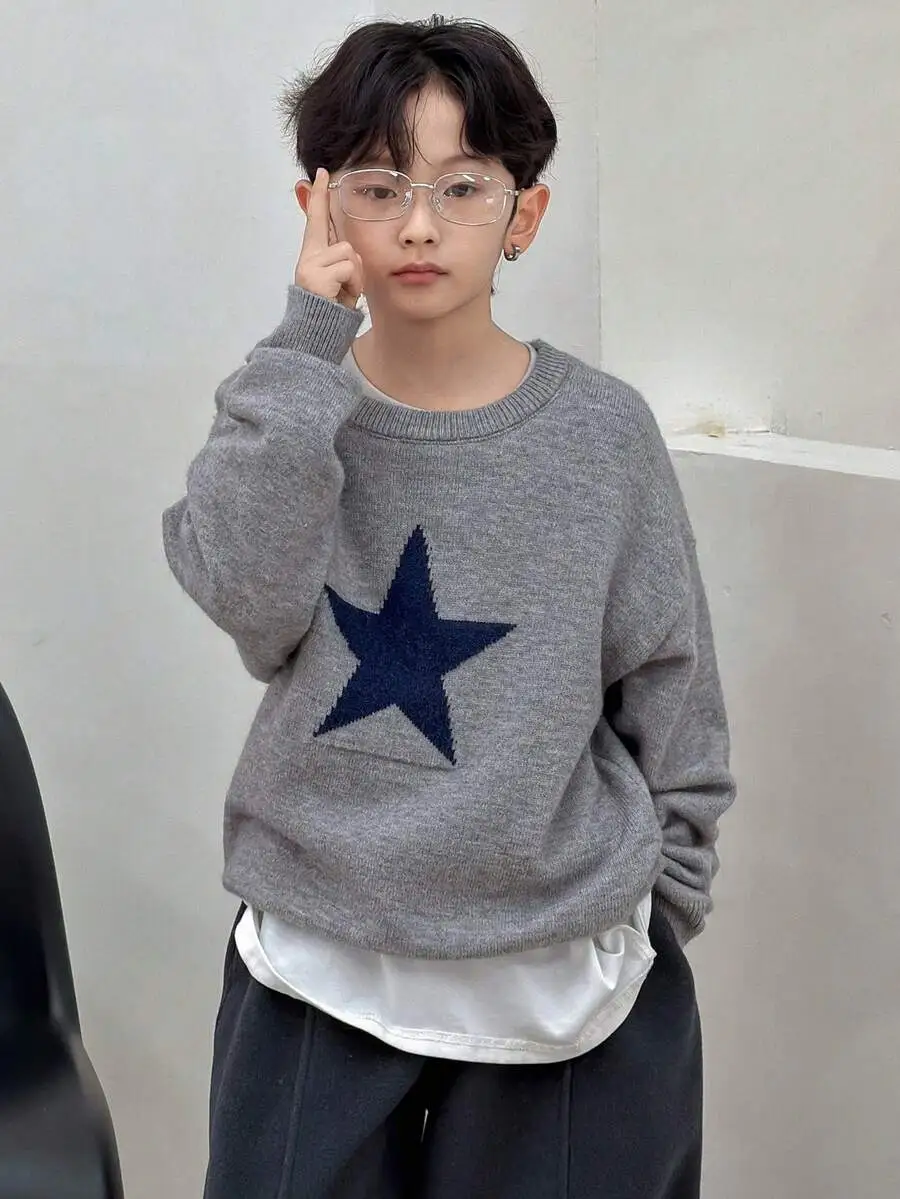 【130-160cm】オーバーサイズ ボーイズ カジュアル 柄ニットセーター