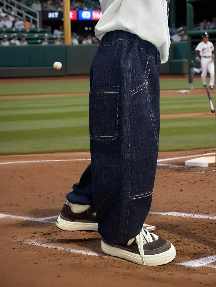 【100-150cm】男の子 シンプル カジュアル ゆったり ストレート ジーンズ