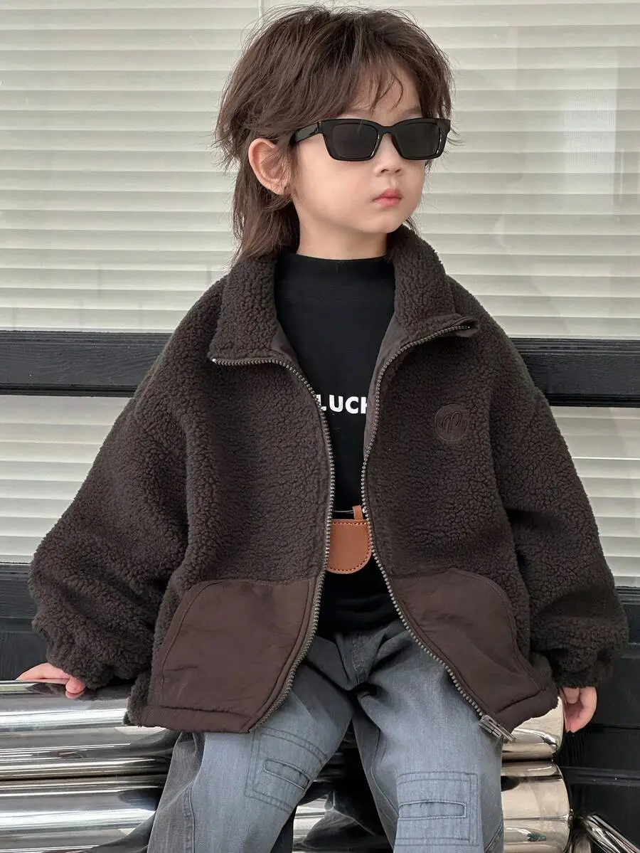 【100-130cm】男の子  刺繍デザイン ドロップショルダー 長袖 ジップアップ ジャケット