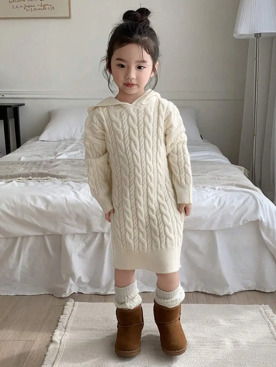 【100-130cm】女の子 フード付き セーター ワンピース