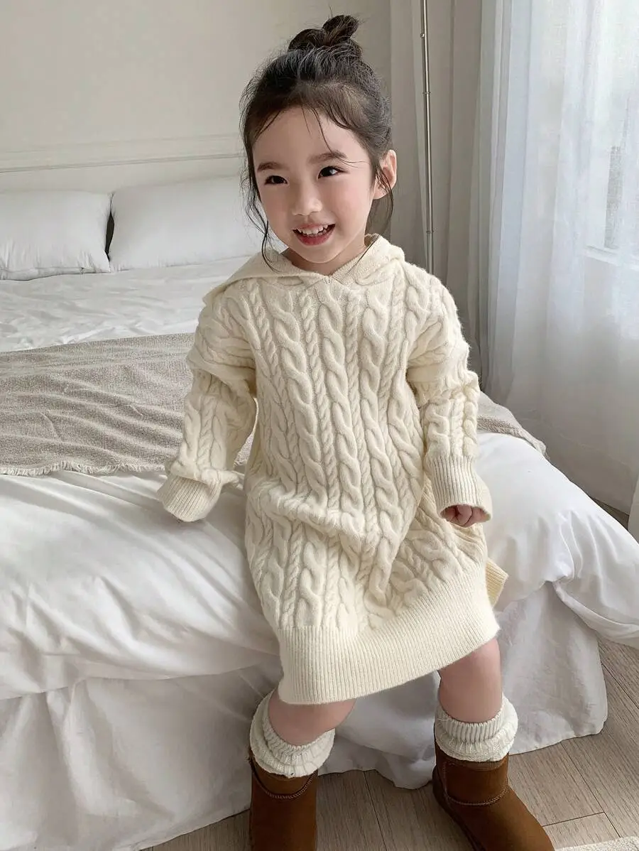 【100-130cm】女の子 フード付き セーター ワンピース