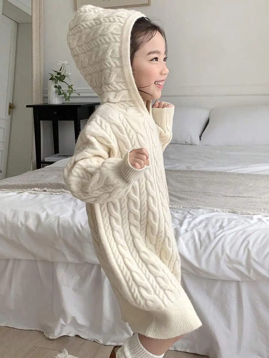 【100-130cm】女の子 フード付き セーター ワンピース