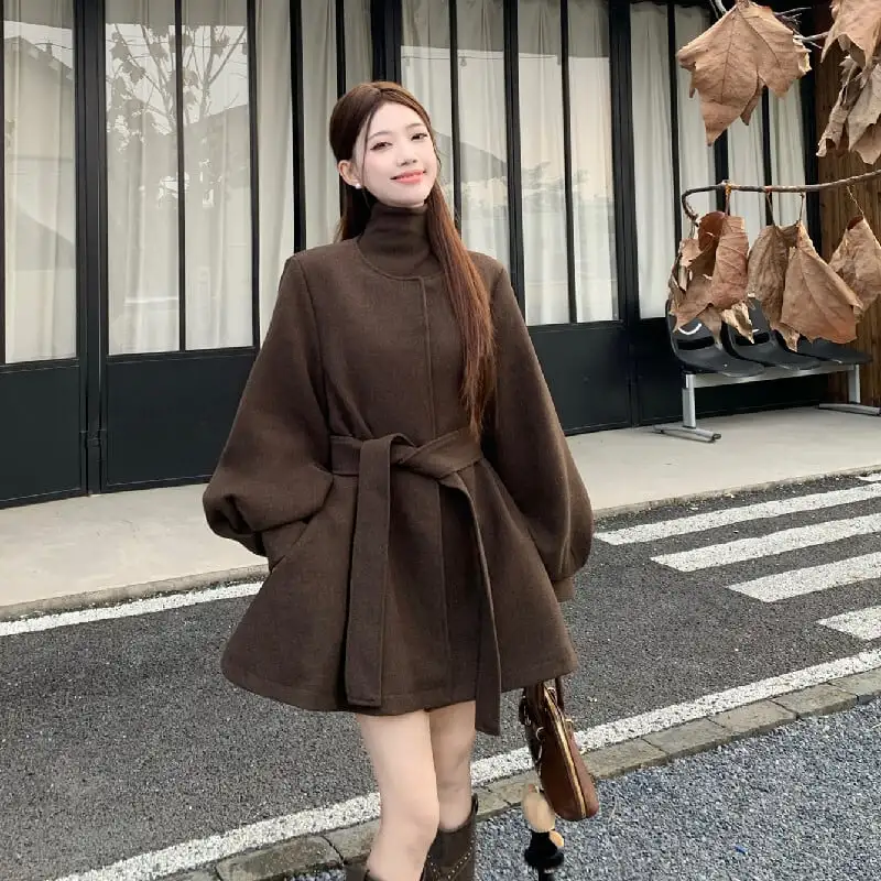 アウター コート レトロモード ランタンスリーブ ゆったり コーヒー色