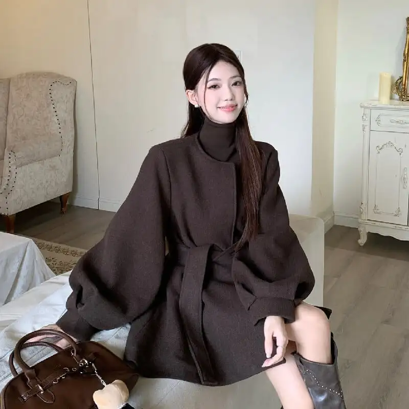 アウター コート レトロモード ランタンスリーブ ゆったり コーヒー色