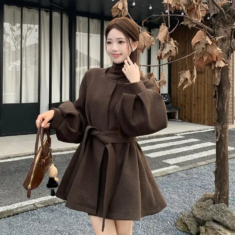 アウター コート レトロモード ランタンスリーブ ゆったり コーヒー色