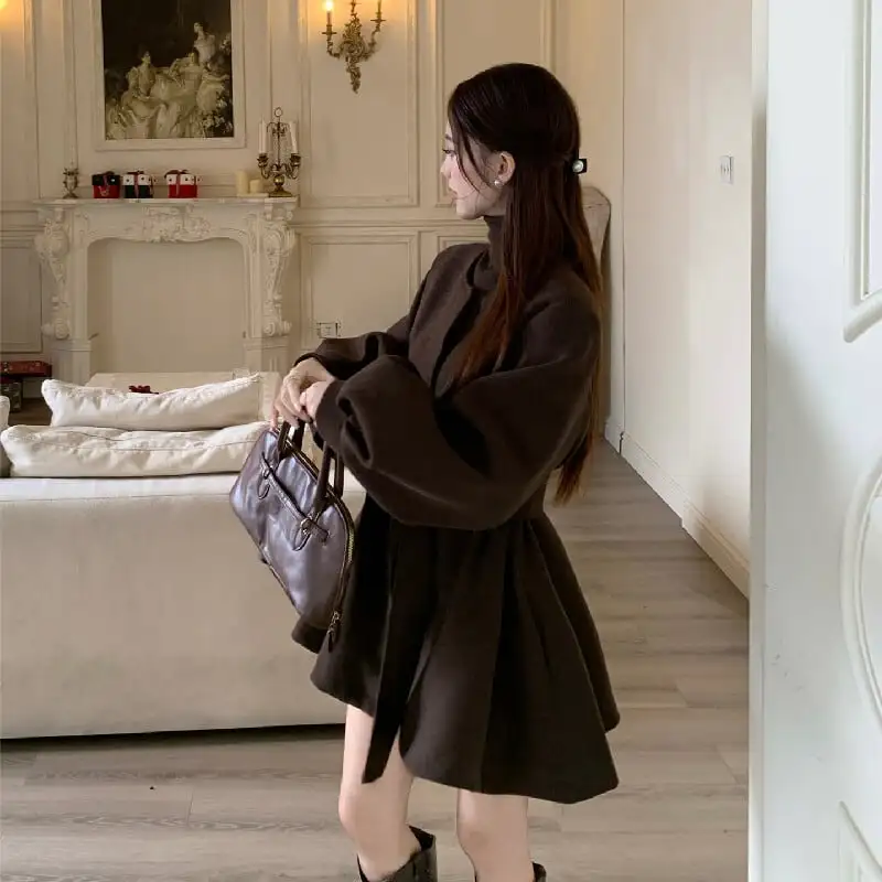 アウター コート レトロモード ランタンスリーブ ゆったり コーヒー色