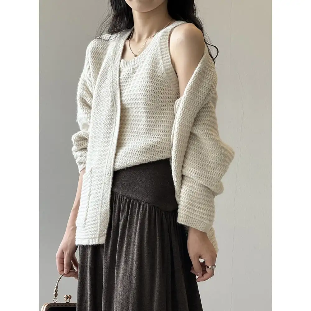 3colors ゆったり Vネック ニット カーディガンセット タンクトップ付き