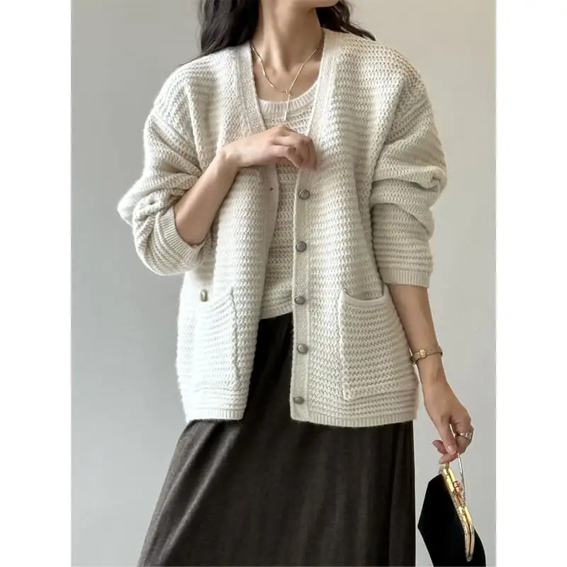 3colors ゆったり Vネック ニット カーディガンセット タンクトップ付き