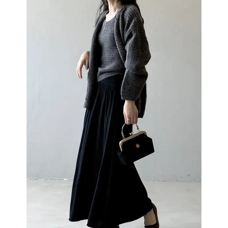 3colors ゆったり Vネック ニット カーディガンセット タンクトップ付き