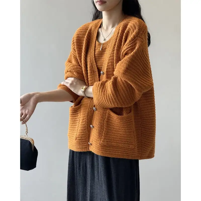 3colors ゆったり Vネック ニット カーディガンセット タンクトップ付き