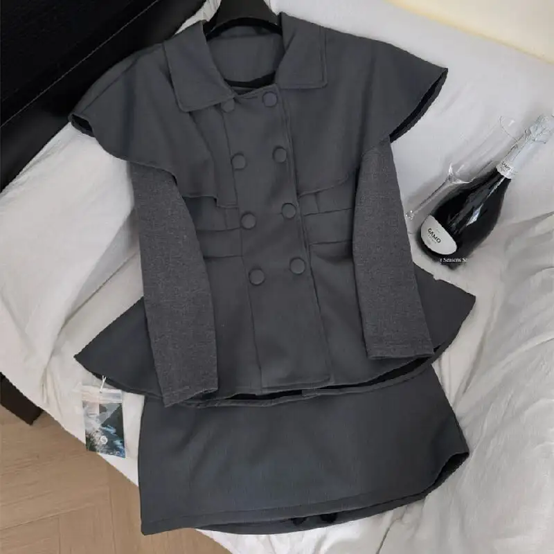 2点セットアップ ケープ風トップス+スカート お姫様風スタイル グレー