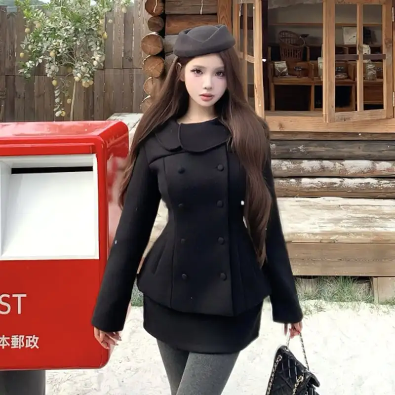 大人可愛い お姫様風 セットアップ ダブルブレスト ジャケット＋スカート ブラック