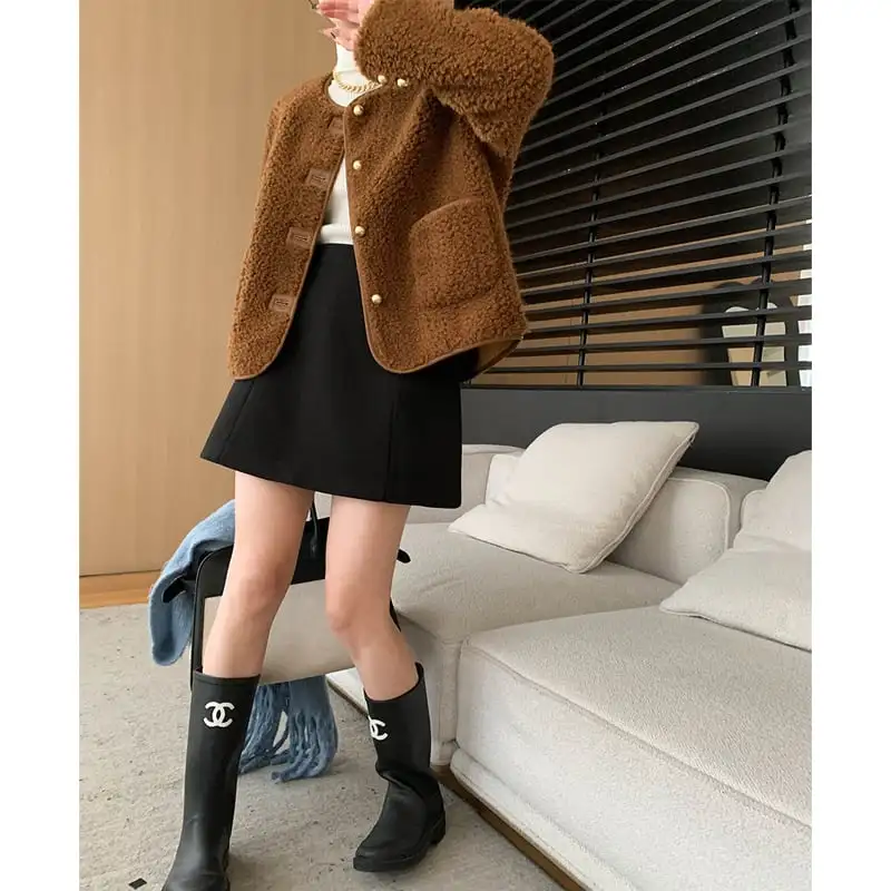 アウター テディジャケット 長袖 フェイクシャギー コーヒー色