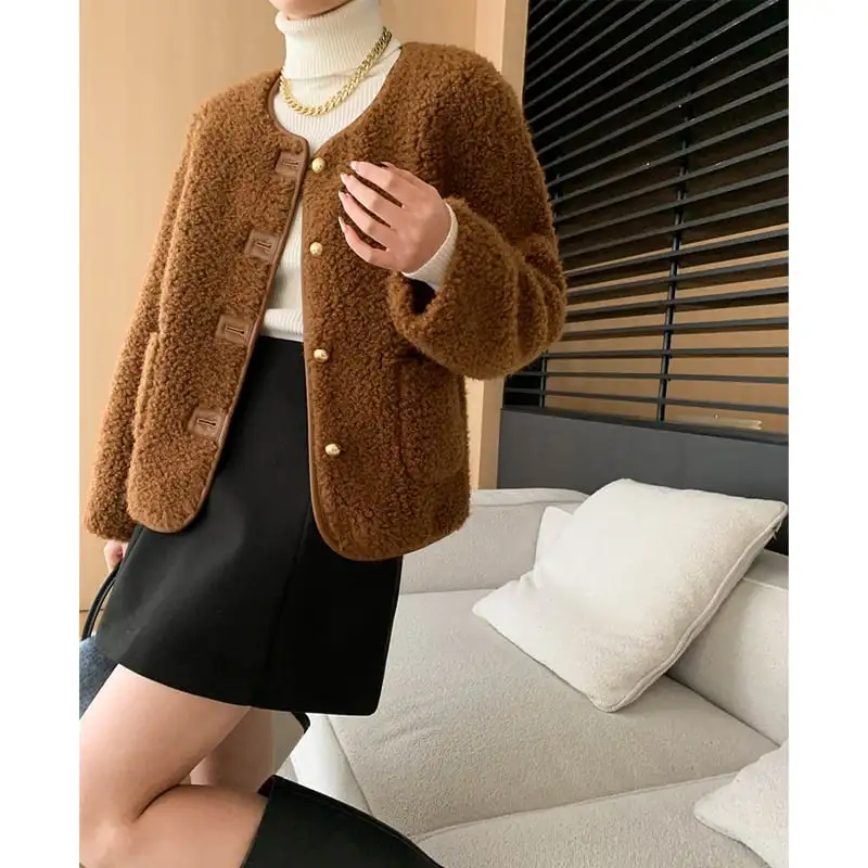 アウター テディジャケット 長袖 フェイクシャギー コーヒー色