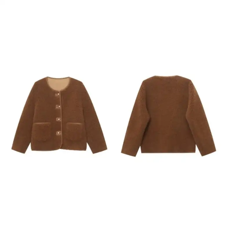 アウター テディジャケット 長袖 フェイクシャギー コーヒー色