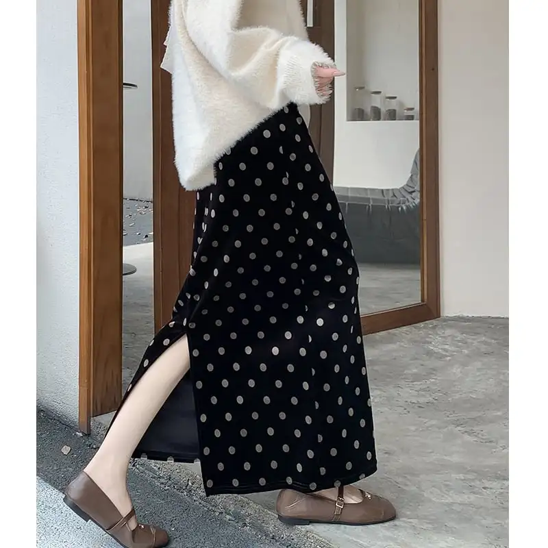ボトムス スカート ベルベット ドット柄 バックスリット ブラック