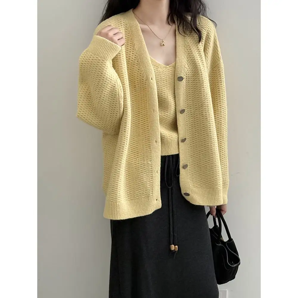 3colors ニット カーディガンセット タンクトップ付き シングルブレスト