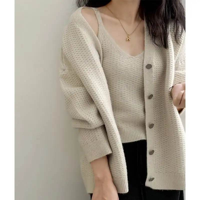 3colors ニット カーディガンセット タンクトップ付き シングルブレスト